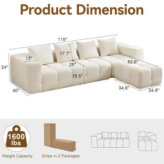 119" Oversized Cloud Boneless Couches for Living Room, Modern Tufted Modular Sectional Sofa with Deep Seat &, Customized