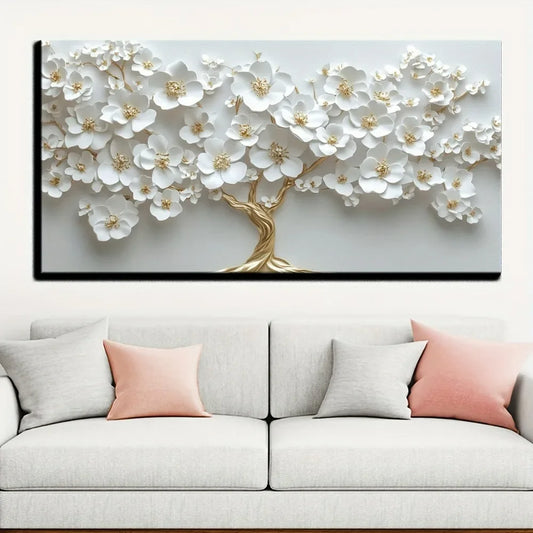 1 Nordic white flower oil painting on canvas, Modern art Deco wall painting 1.5 inch thick pine solid wood frame