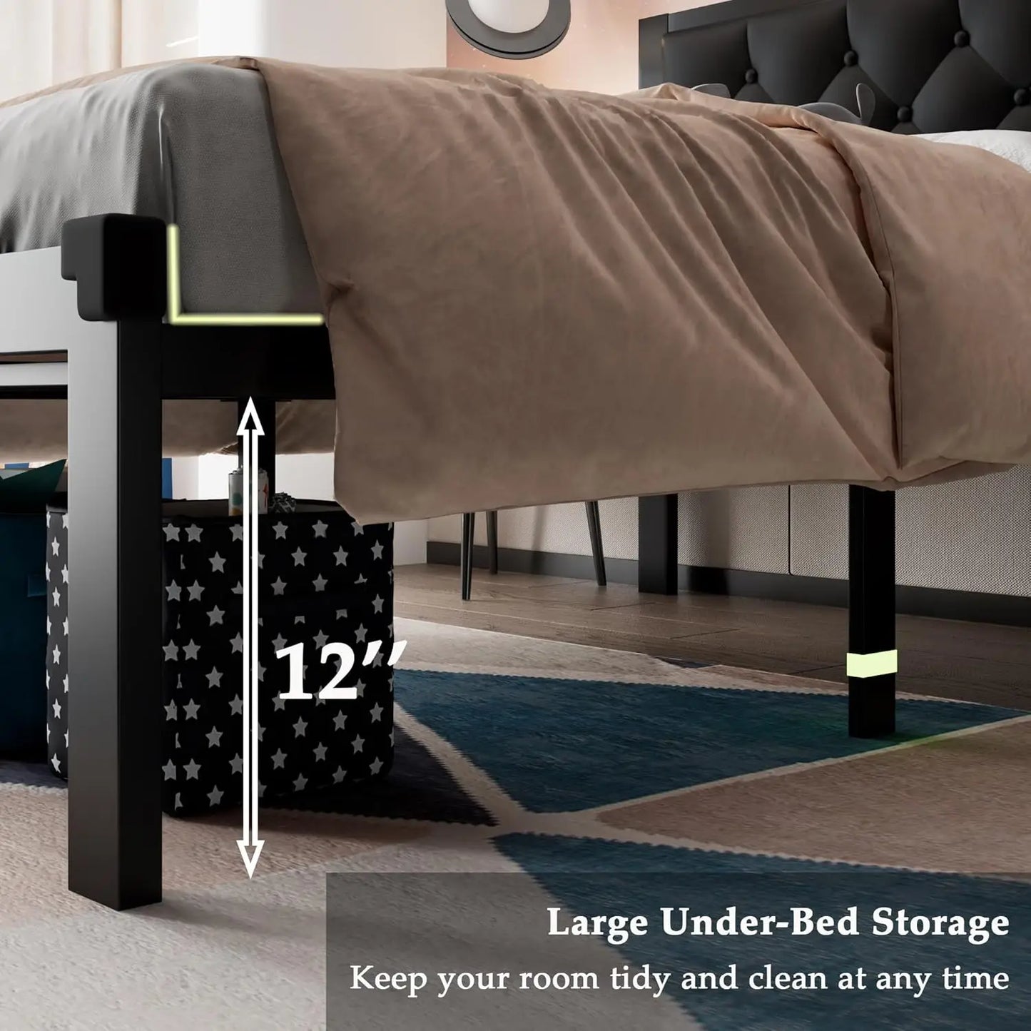 Twin Size Metal Bed Frame with Faux Leather Headboard, 12" Storage, Noise Free, Black