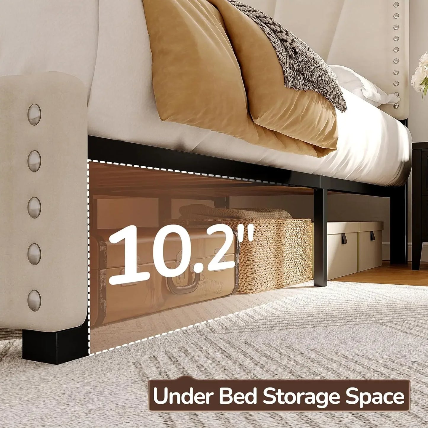 Velvet Headboard and LED Lights, Storage Headboard Platform Bed with Charging Station,King Size Bed Frame