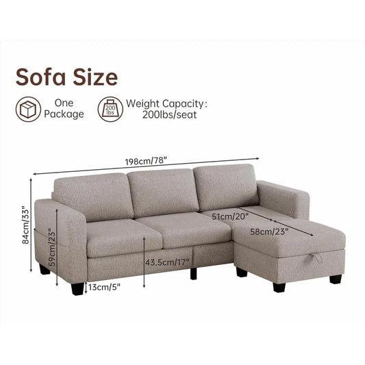 Sectional Couches for Living Room 78" Convertible L Shaped Couch with Storage Ottoman 3 Seater Modern Linen Fabric Sofas