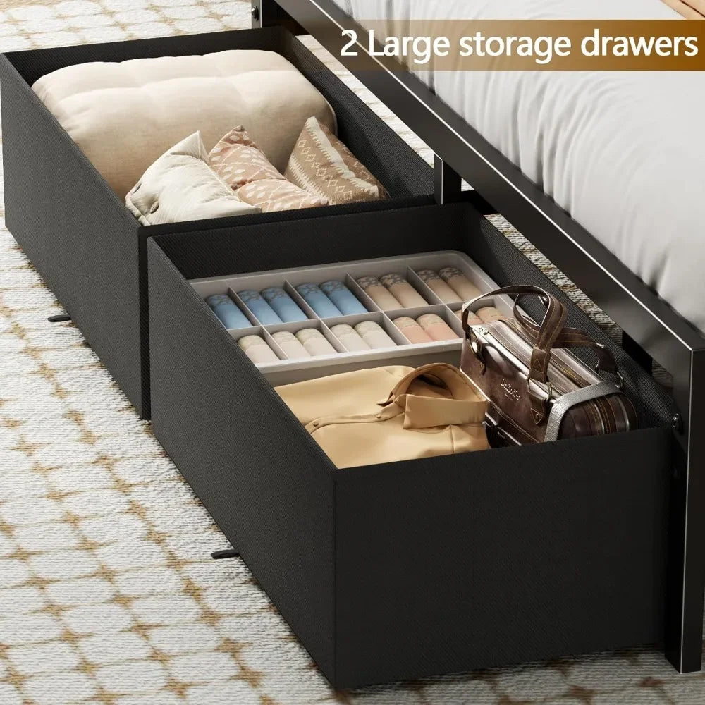 Bed Frame with Headboard Storage, Platform Bed Frame with 2 Drawers, Charging Station and LED Lights, No Box Spring Needed