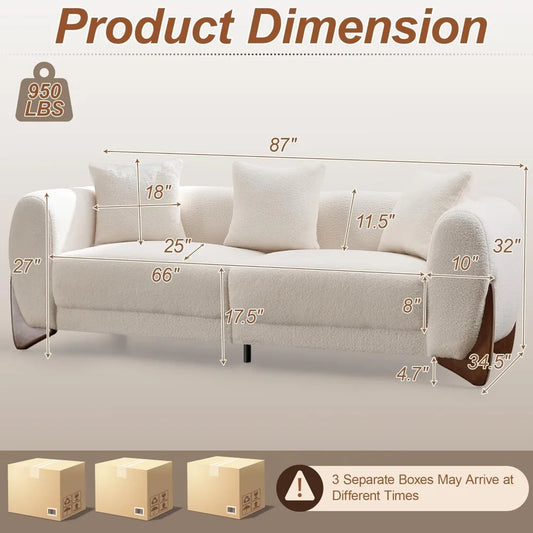 87" Modern Cloud Couch with Solid Wood Legs, Deep Seat, Thick Cushion & Pillows for Living Room
