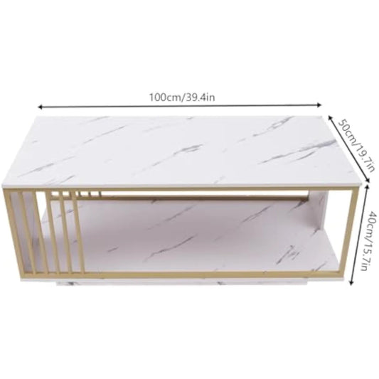 Modern White Marble Veneer Coffee Table, 2 Tier Rectangular Coffee Table with Gold Frame Sofa End Table for Living Room Bedroom
