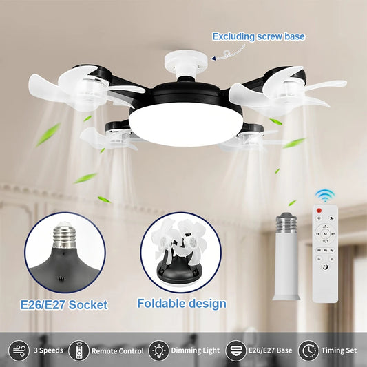 2 In 1 Hanging Fan with LED Lantern E27 E26 Electric Cordless Fan Silent Ceiling Drone Fan for Dining Room Bedroom Living Room
