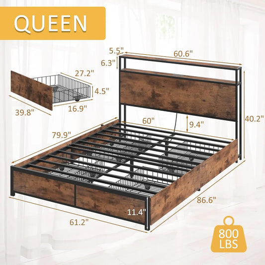Queen Bed Frame with 2-Tier Storage Headboard, Metal Platform Bed Frame with 4 Storage Drawers, Built in Charging, Customized