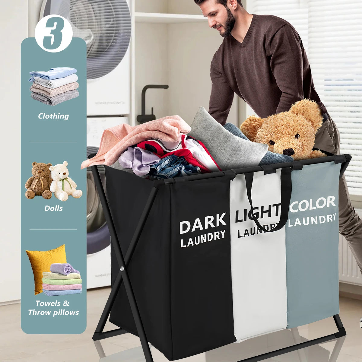 3 Sections Divided Laundry Basket Large Laundry Hamper Foldable Washing Bin Dirty Cloth Storage Bag Home Storage