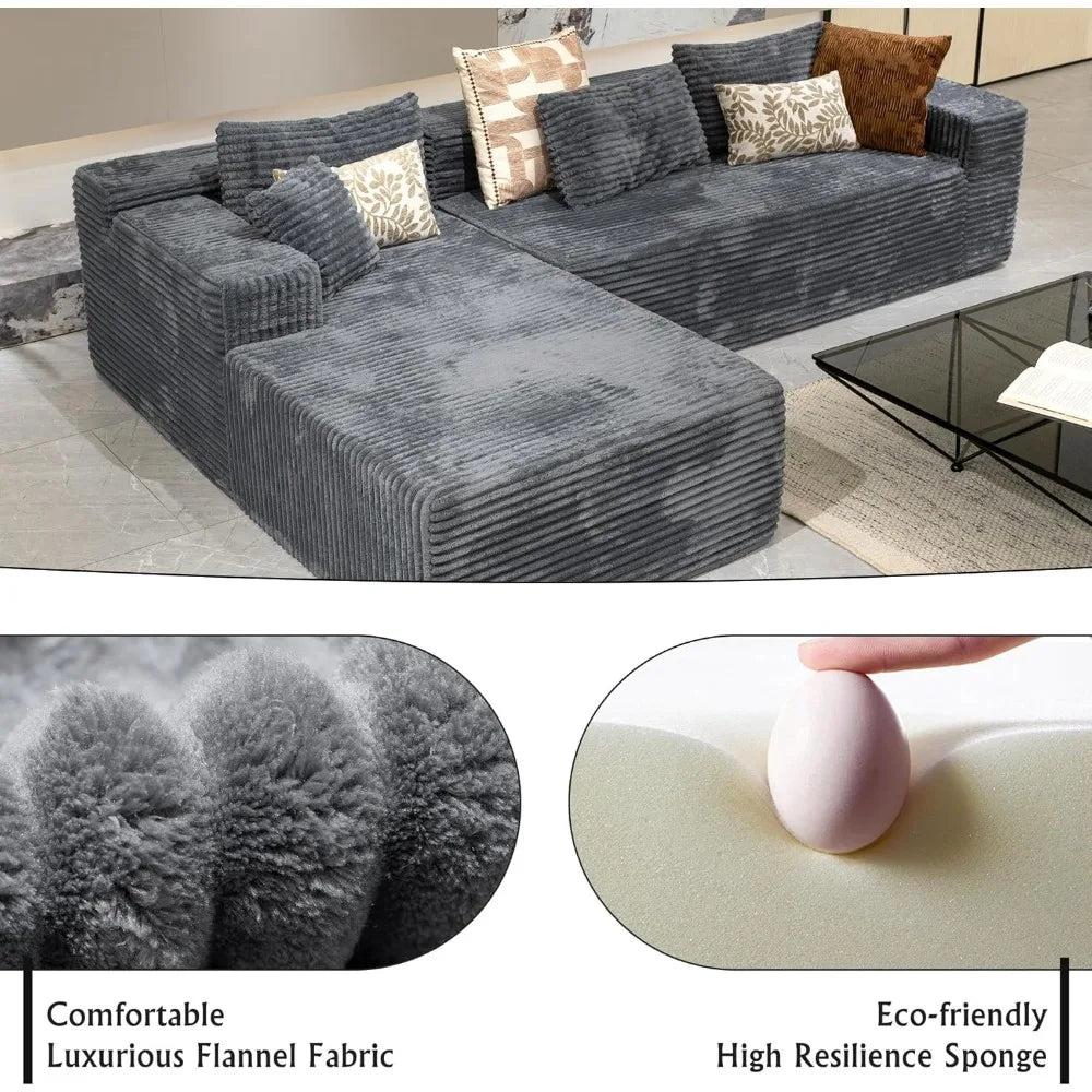 Grey sectional couches for Living Room-Corduroy Couch,104 Cloud Sectional Couch with L-Shape Chaise, Modern Modular Sofa, Deep S