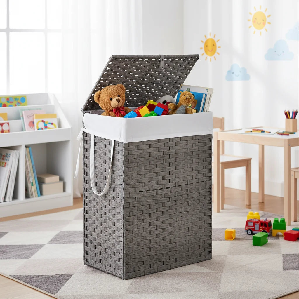 90L Foldable Woven Laundry Basket with Lid, Gray Rattan Hamper with Washable Liner, Steel Frame & Odor Control