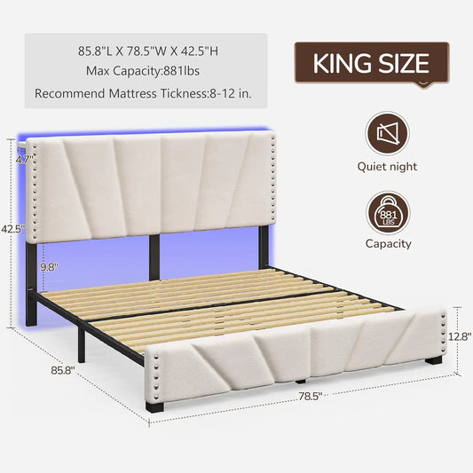 King Size Bed Frame with Velvet Headboard and LED Lights, Storage Headboard Platform Bed with Charging Station