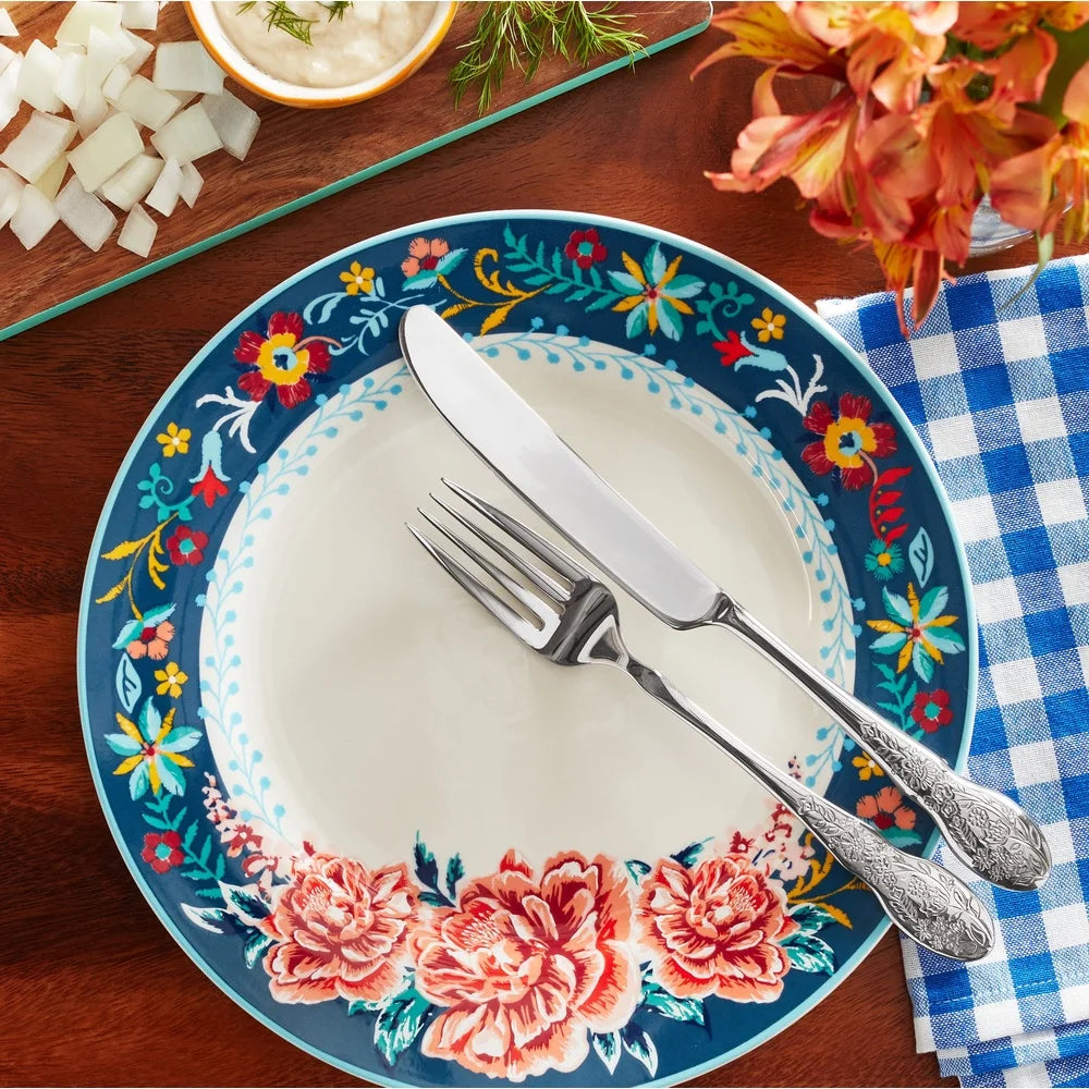 Rustic Floral Stoneware Dinner Plate Vintage Style Dishwasher Microwave Safe Round Dish Everyday Use Special Occasions