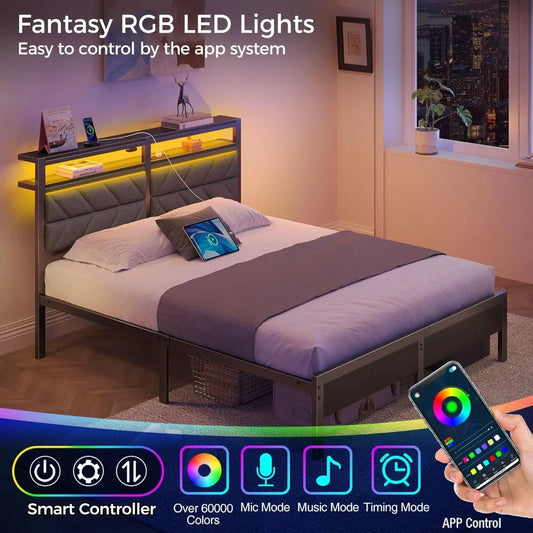 LED Bed Frame Twin Size with Charging Station, Upholstered Headboard for Bedroom Furniture, Noise Free, Easy Assembly,Beds Frame