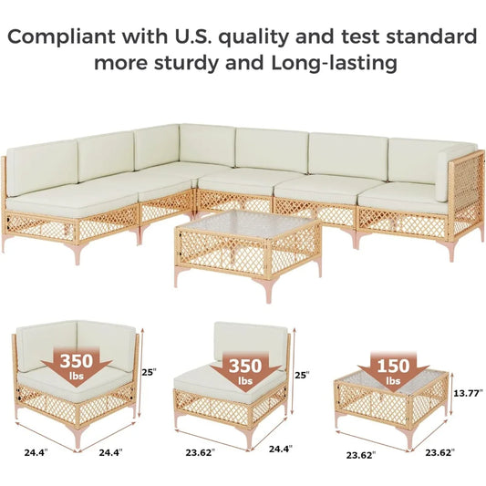 Outdoor Patio Furniture Set, Wicker Outdoor Sectional Set, Boho Patio Conversation Sectional Sofa with Large Tempered Glass Cof