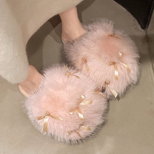 Sweet Bow Decor Fluffy Furry Slippers for Women Comfort Soft Home Plush Slides Shoes Woman Anti Slip Indoor Home Cotton Slipper