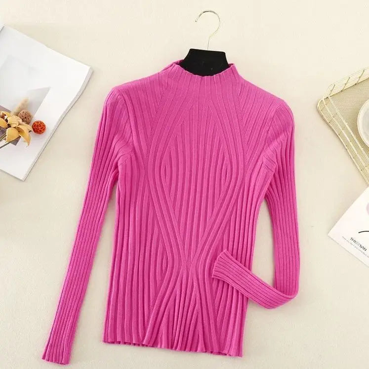Knitted Sweater Women Pullover 2025 Half Turtleneck Jumper Sweater Autumn Winter Solid Slim Chic Streetwear Long Sleeve Top Y2K