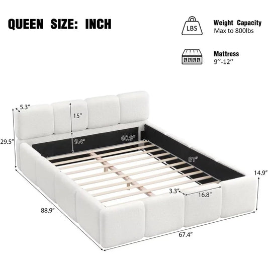 Queen Size Platform Bed, Boucle Thick Headboard and Footboard, Upholstery Grounded Beds, Block Style Grounded Beds Frame