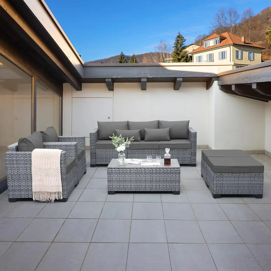 6 Pieces Wicker Patio Furniture Sets Outdoor Conversation Set PE Rattan Sectional Sofa Couch Storage Table and Grey Cushions
