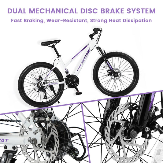 Ecarpat Mountain Bike 24 26 Inch Wheels, 21-Speed Disc Brake, Female Bicycles, 15" Steel Frame Front Fork Suspension