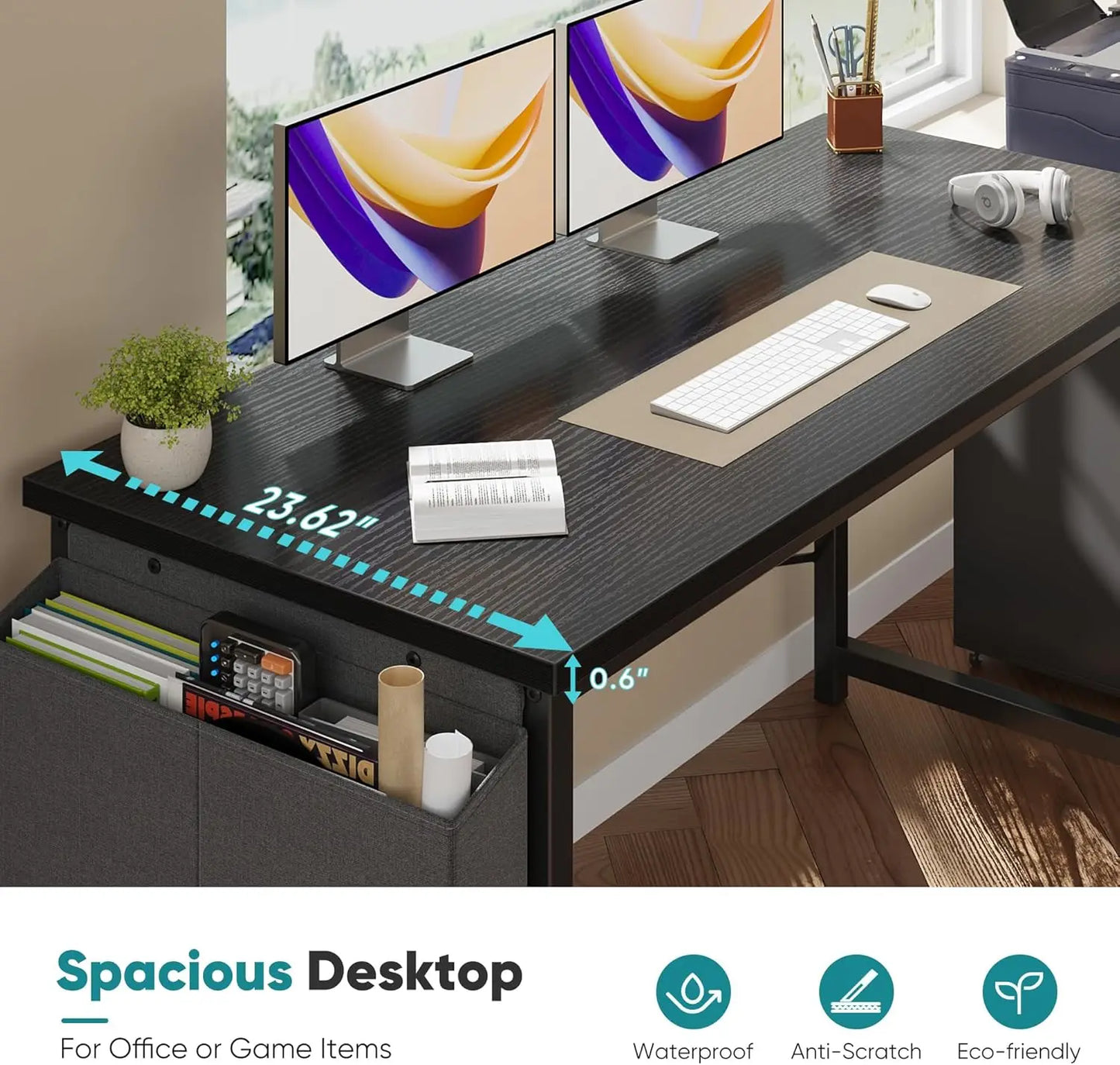 63 Inch Computer Desk for Small Spaces, Gaming Office Work Table with Storage Bag, Black White Brown