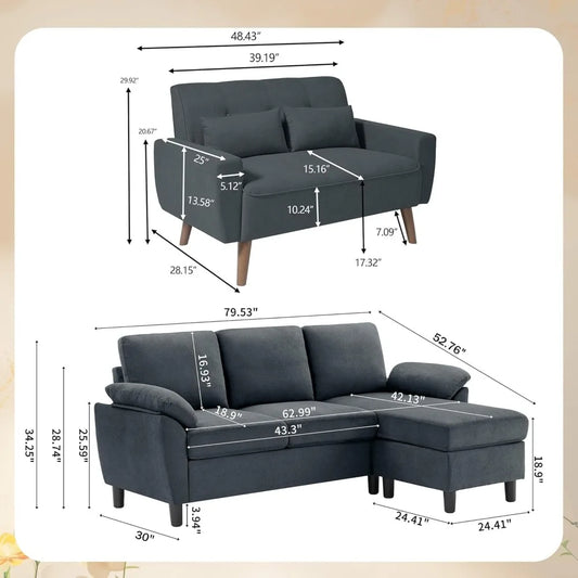 79" Convertible Sectional Sofa Sets, Modern L Shaped 3-Seat Couches with Reversible Chaise and Loveseat Sets for Living Room