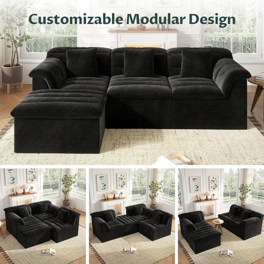 112" Modular Cloud Sectional Couch with Ottoman, Modern Upholstered Compressed Sofa with Deep Seat, Comfy L-Shape,Customized