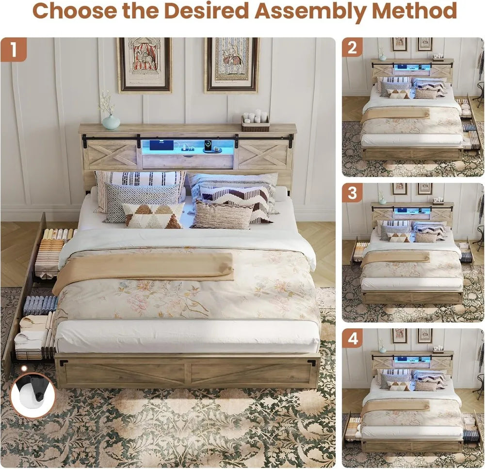 California King Bed Frame with Storage Headboard, LED Lights, Charging Station & Drawers - Rustic Farmhouse Design