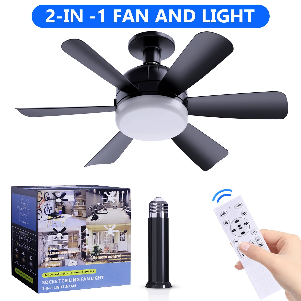 Socket LED Ceiling Fan Light E26 with Remote, Dimmable, 3 Colors, Speed Change, Suitable for Living Room, Study, Household Use
