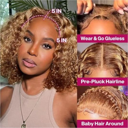 10 Inch 427 Bob Curly Wigs Human Hair with Draw String Glueless Wear And Go Pre Plucked Pre Cut Deep Wave Lace Front 220 Density
