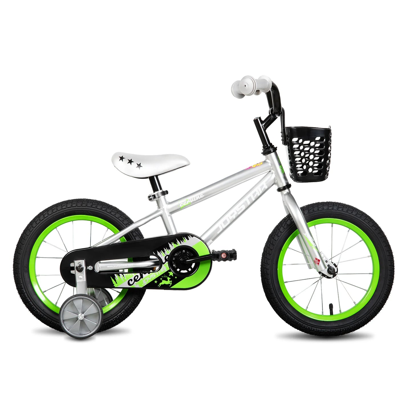 JOYSTAR Cervine 14 18 20 Inch Kids Bike Ages 3-10 Years, graffiti style bike with basket, auxiliary wheels, soft seat, Grey