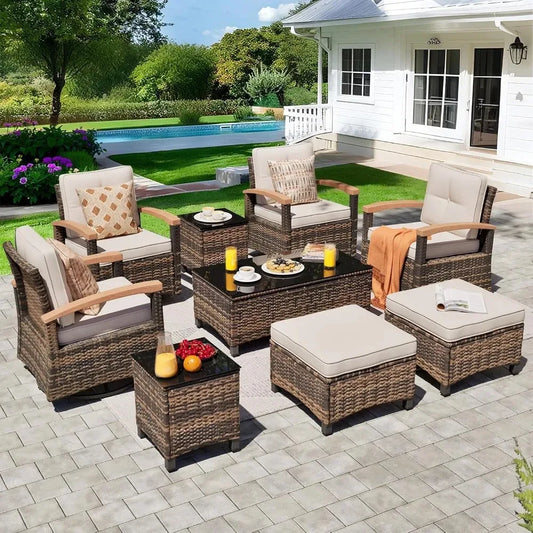 9 Pieces Outdoor Patio Furniture Sets,PE Wicker Patio Conversation Sets with 4 Wood Armrests Swivel Rocker Chairs,