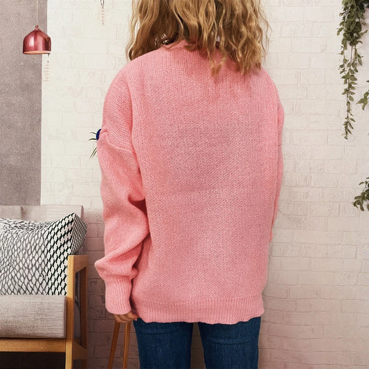 Women'S Fashion Casual Loose Versatile Bear Decoration Handmade Drawstring Long Sleeve Round Neck Pullover Sweater Pulls Femmes