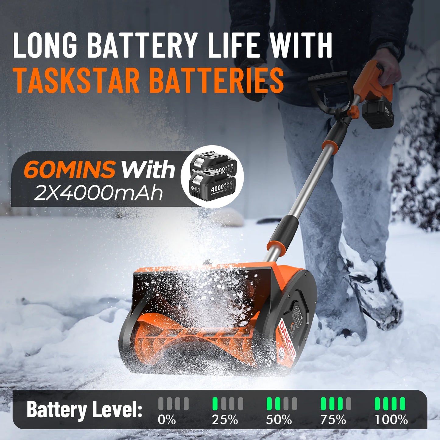 TaskStar Cordless Snow Shovel 2 4000mAh Batteries Powered 6x12-inch Electric Snow Sweeper 16.5ft Distance With Directional Plate