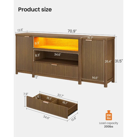 Fluted TV Stand for Living Room, 71” Heavy-Duty TV Console Cabinet with Storage and Shelf, Mid Century Modern Television Stands