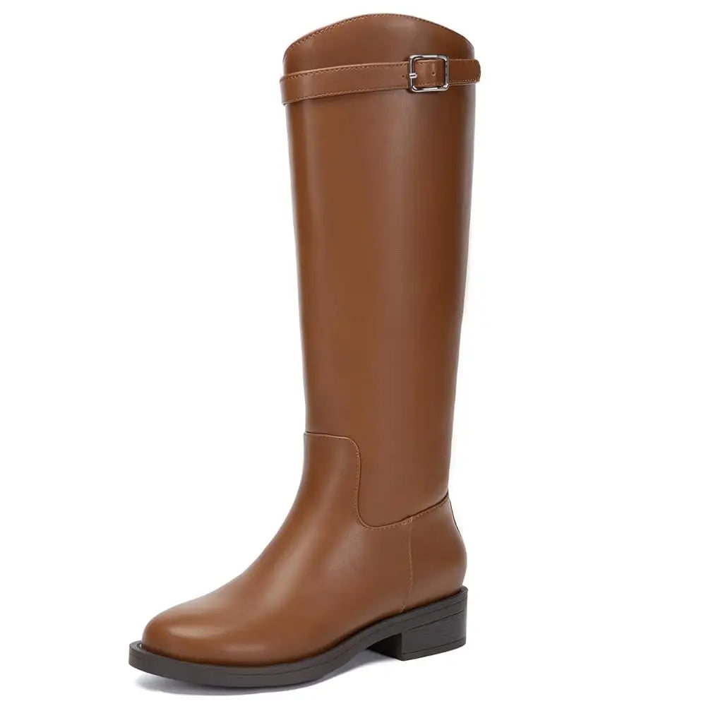 Athlefit Women's Knee High Riding Boots Round Toe Low Heel Tall Boots Pull On Long Booties with Buckle