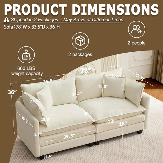 78" Modular Sectional Sofa, Cloud Couch Loveseat Sofa, Deep Seat Washable Chenille Fabric Sofa with Throw Pillows,, Customized