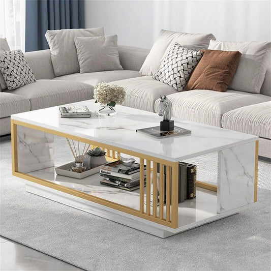 High Gloss Marble Veneer Coffee Table - Modern White & Gold, Rectangle for Living Room