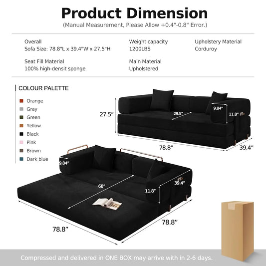 78.8''Sleeper Couch Bed for Livingroom,Convertible Modular Sofa with Armrest Pillow,Modular Fldable Corduroy, Customized