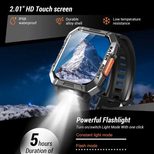 Waterproof W60 Outdoor Smart Watch with Emergency Lighting 2.01'' HD Display 900mAh Large Battery Smartwatch for Women Men Gifts