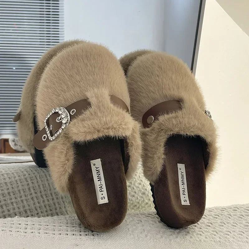 Winter Warm Plush Slippers for Women Closed Toe Faux Fur Cotton Shoes Woman Fashion Buckle Lightweight Flat Mules Shoes 2025