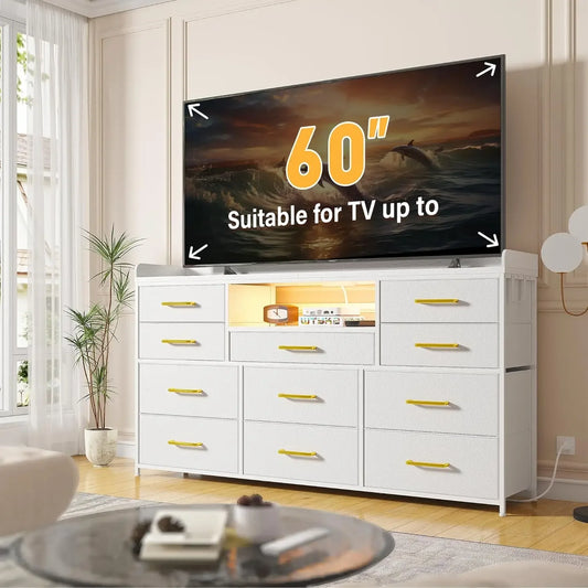 Dresser for Bedroom with 11 Drawers for 60" TV Stand for Bedroom with LED Lights & Charging Station Long Dresser with Shelves