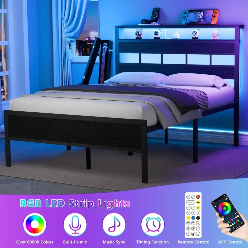 Bed Frame with LED Light and Charging Station, Wood Storage Headboard with 2-Tier Shelves, Metal Platform Bed with Heavy Duty