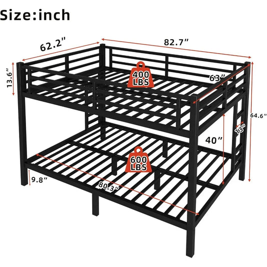 Queen Over Queen Bunk Bed Frame, Heavy Duty Metal Loft Bed for Adults/Teens, 400/600LB Capacity w/Ladder & Guardrail, Noise-Free
