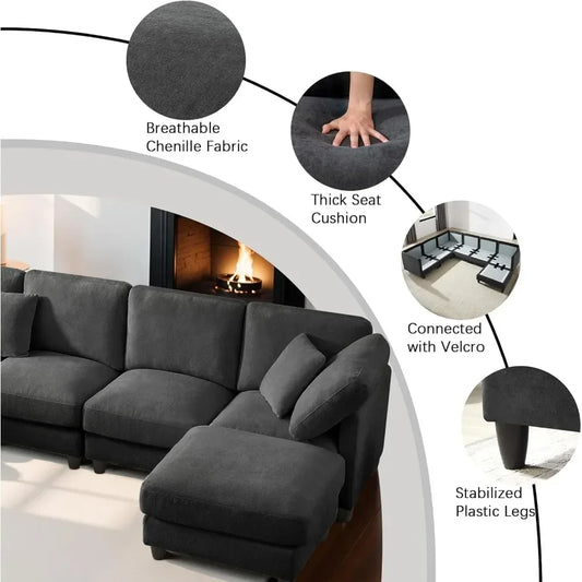 121'' 7-Seater Chenille Cloud Couch with Movable Ottoman L/U-Shape Modern Upholstered Sectional Sofa for Living Room Customized