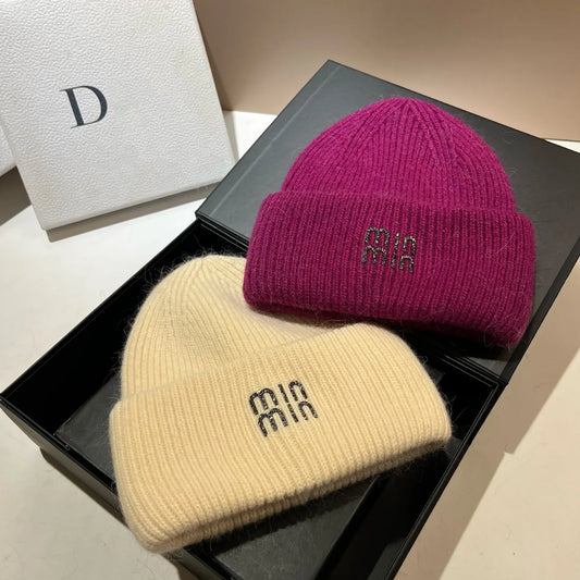 Luxury Rhinestones Fashion Women Winter Hats Real Rabbit Fur Wool Skullies Beanies Knitted Hat Lady Warm Walking Bonnet Cap Pr