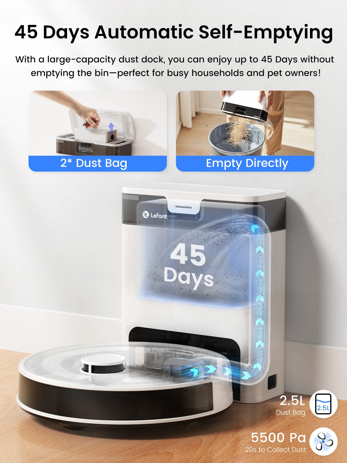 Lefant Robot Vacuum with Mop,Self-Emptying, 6000Pa , DTOF Laser Navigation, PSD Obstacle Avoidance, Wi-fi/Alexa Control
