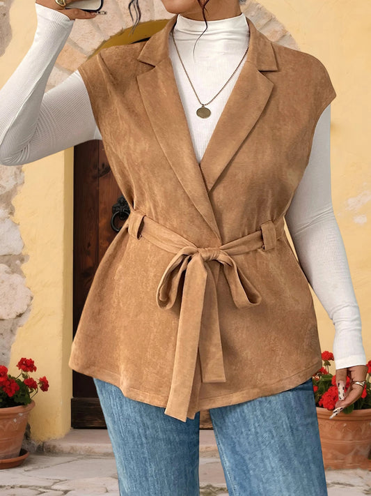 Women Plus Size Sleeveless Vest Autumn Winter Solid Color Lapel Collared Belted Outerwear Work Office Vest with Pockets and