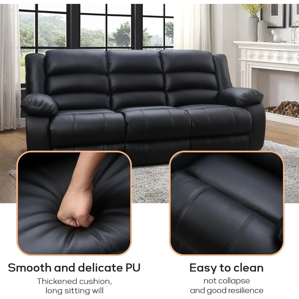 Manual Reclining Sofa 3 Seats with Cup Holders, Overstuffed Armrest Faux Leather Couch for Living Room Bedroom