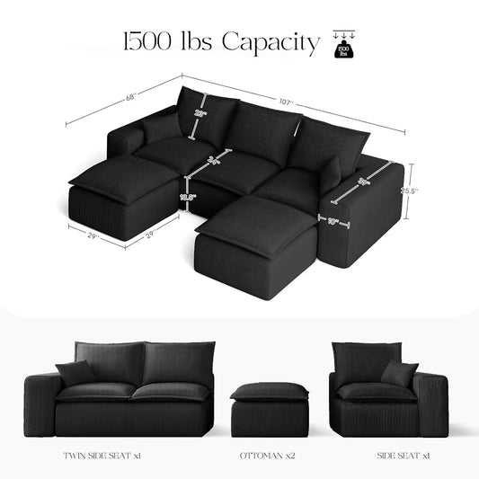 107" Boneless Comfortable Couch with Chaise, U Shaped Modular Sectional Couches for Living Room, Black Corduroy, Customized