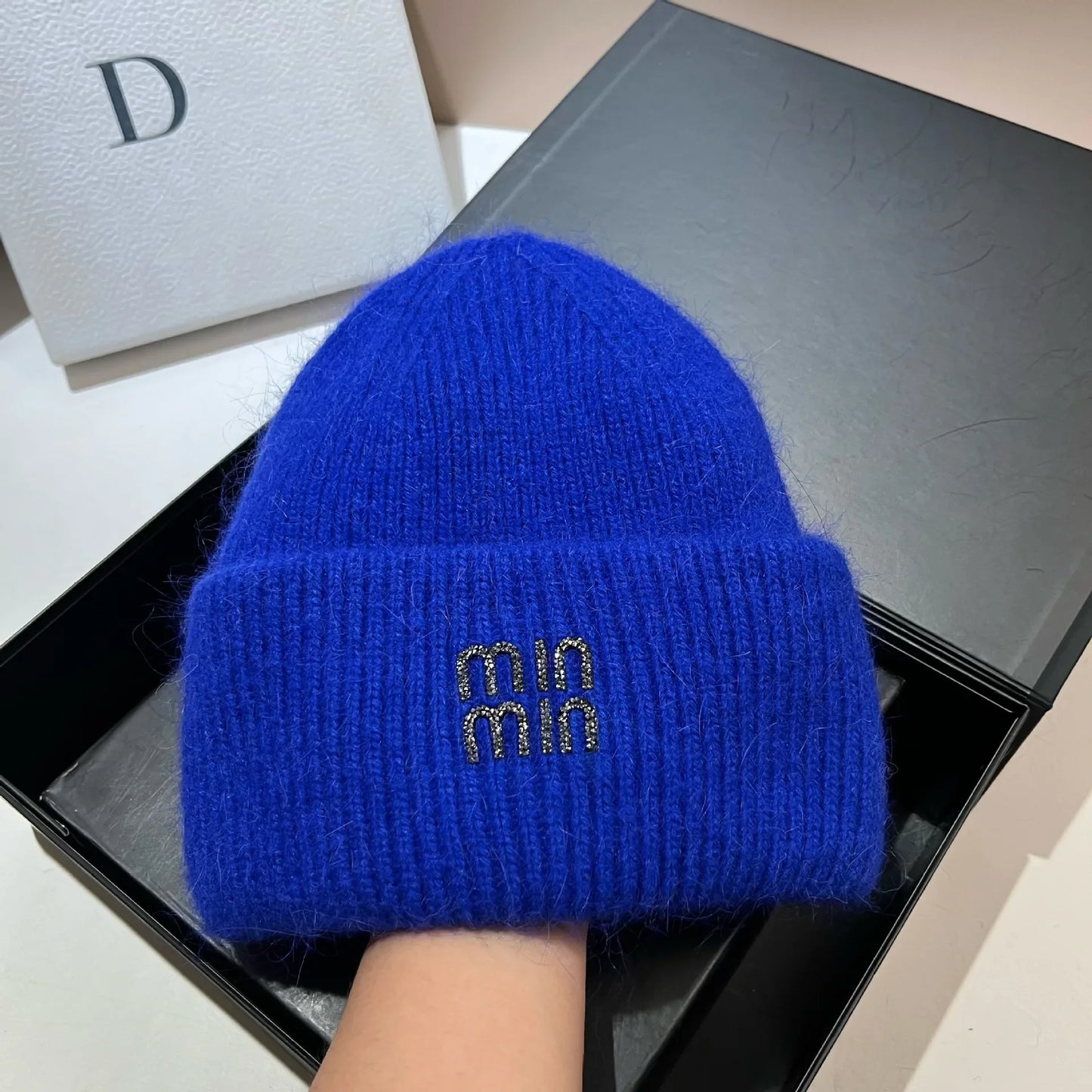 Luxury Rhinestones Fashion Women Winter Hats Real Rabbit Fur Wool Skullies Beanies Knitted Hat Lady Warm Walking Bonnet Cap Pr