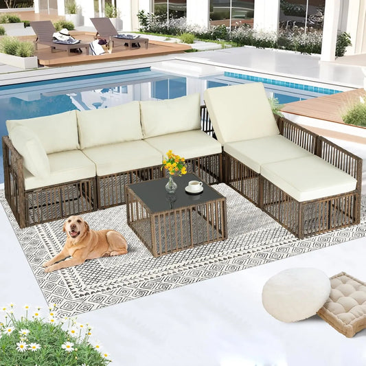 7 Pieces Outdoor Patio Furniture Set, Wicker Outdoor Sectional Conversation Couch Set with Adjustable Backrest Sofa